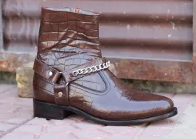 Bespoke Brown Madrid Strap Side Zip Alligator Leather Ankle Boot,For Men's