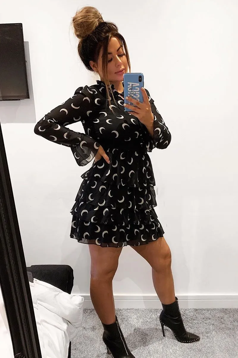 Black Moon Print High Neck Smock Dress - Lella