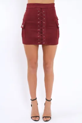 Burgundy Suedette Lace Up Skirt - Ressie