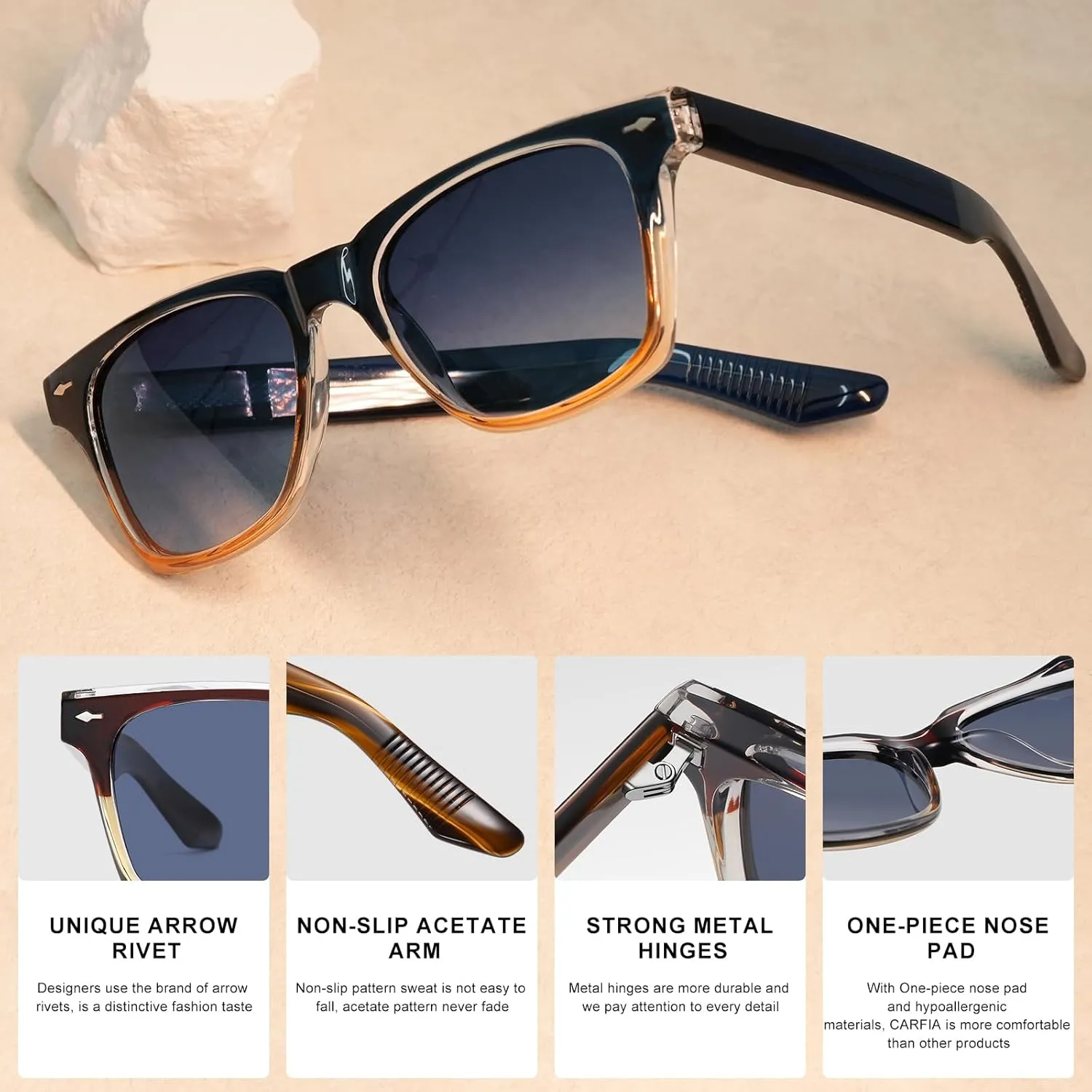 CARFIA Retro Polarized Sunglasses For Men UV400 Protection Square Arrow Rivet Trendy Classic Thick Shades