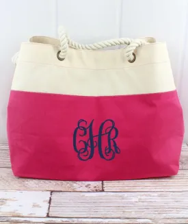 Color Block Hot Pink and Natural Canvas Tote with Rope Handle 18x14x9
