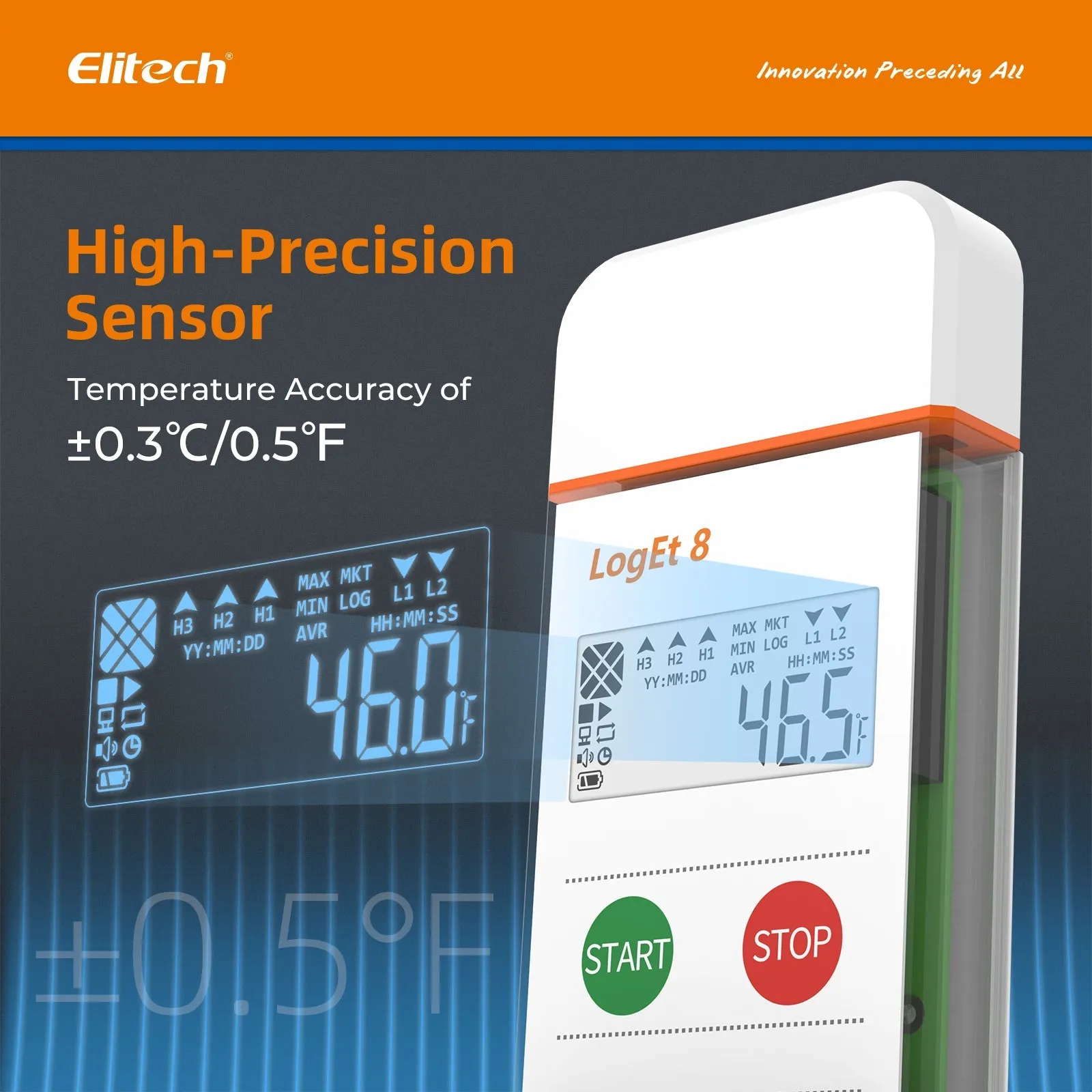 Elitech USB Temperature Humidity Data Logger Reusable Temperature Recorder High Accuracy External Temperature Humidity Sensor, Auto PDF Report USB Port 32000 Points LogEt 8 THE, -40～85℃, 0～100% RH