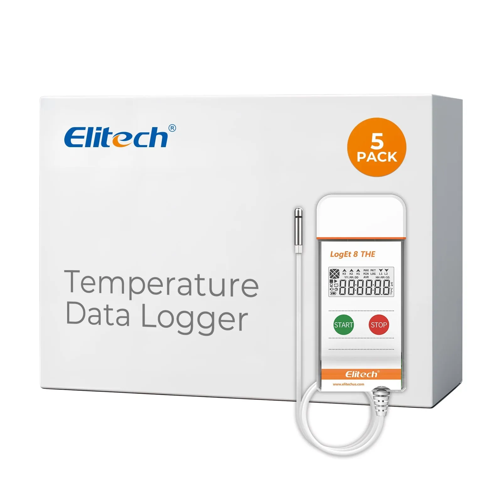 Elitech USB Temperature Humidity Data Logger Reusable Temperature Recorder High Accuracy External Temperature Humidity Sensor, Auto PDF Report USB Port 32000 Points LogEt 8 THE, -40～85℃, 0～100% RH