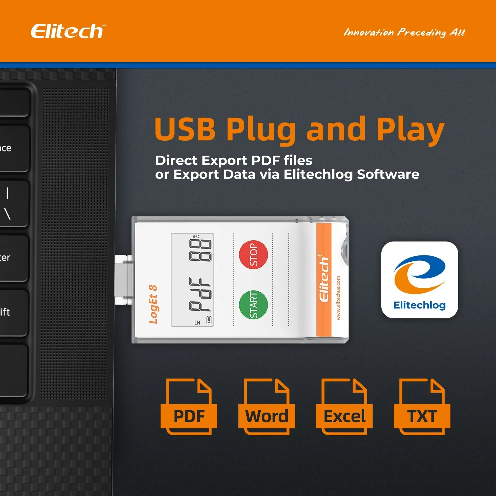 Elitech USB Temperature Humidity Data Logger Reusable Temperature Recorder High Accuracy External Temperature Humidity Sensor, Auto PDF Report USB Port 32000 Points LogEt 8 THE, -40～85℃, 0～100% RH