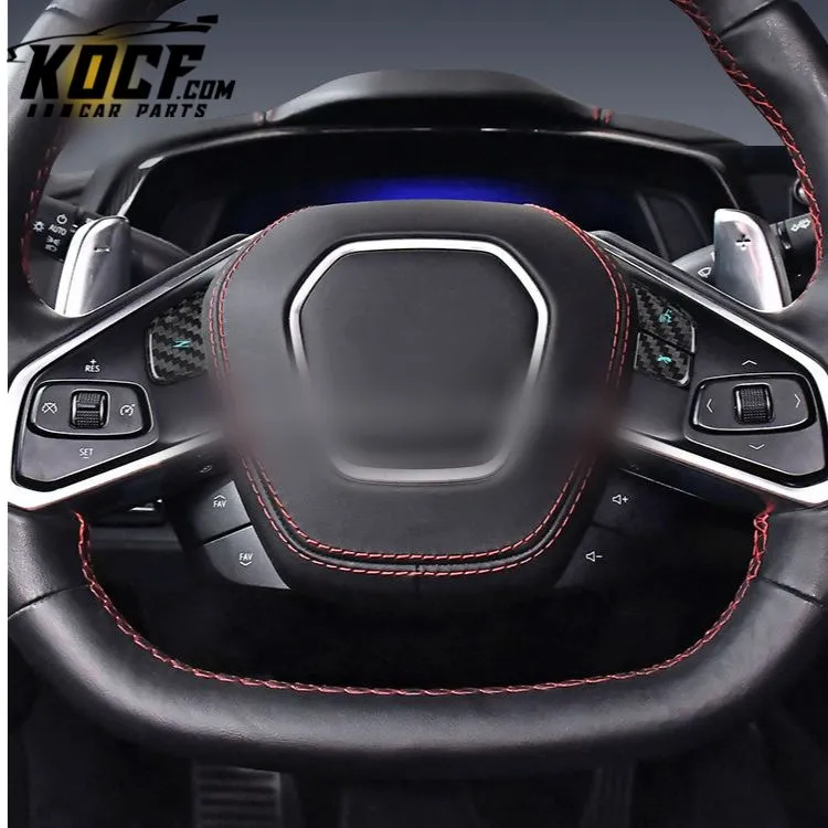 ES Black Red Real Carbon Fiber Interior Accessories Steering Wheel Button Frame For Corvette C8 Carbon Fiber Trim
