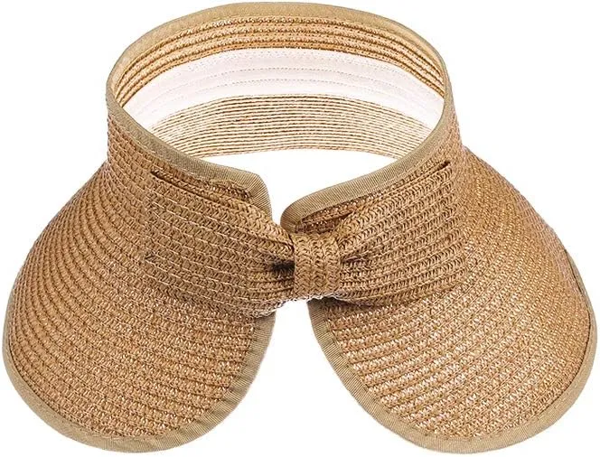 Kids Summer Roll Up Sun Visor Hat Wide Brim Straw Teens Beach Hat Cap Sun Hats with Bow for Girls