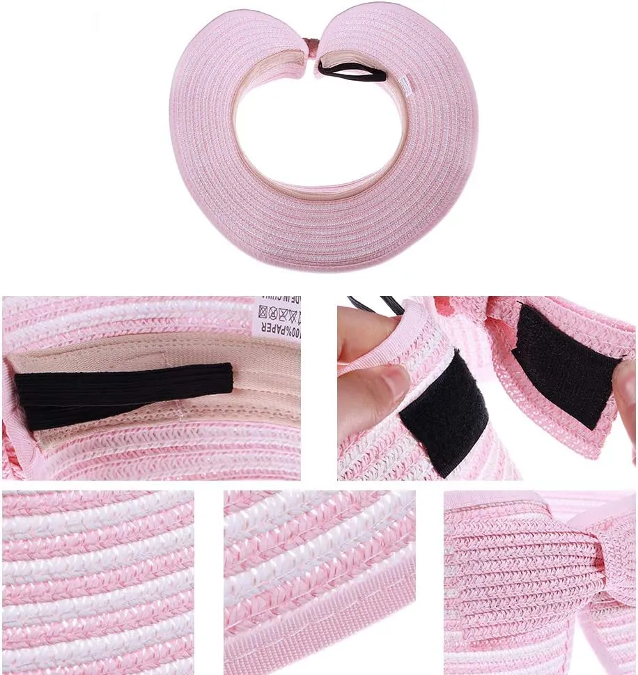 Kids Summer Roll Up Sun Visor Hat Wide Brim Straw Teens Beach Hat Cap Sun Hats with Bow for Girls