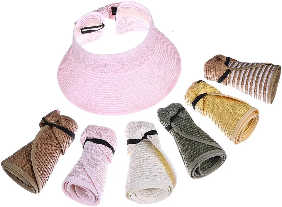 Kids Summer Roll Up Sun Visor Hat Wide Brim Straw Teens Beach Hat Cap Sun Hats with Bow for Girls