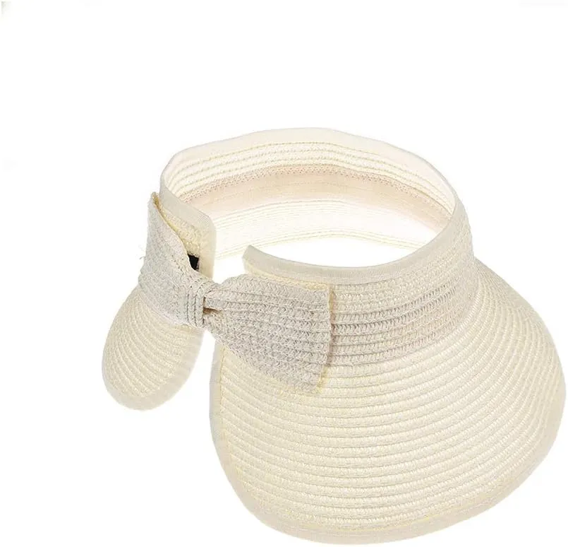 Kids Summer Roll Up Sun Visor Hat Wide Brim Straw Teens Beach Hat Cap Sun Hats with Bow for Girls
