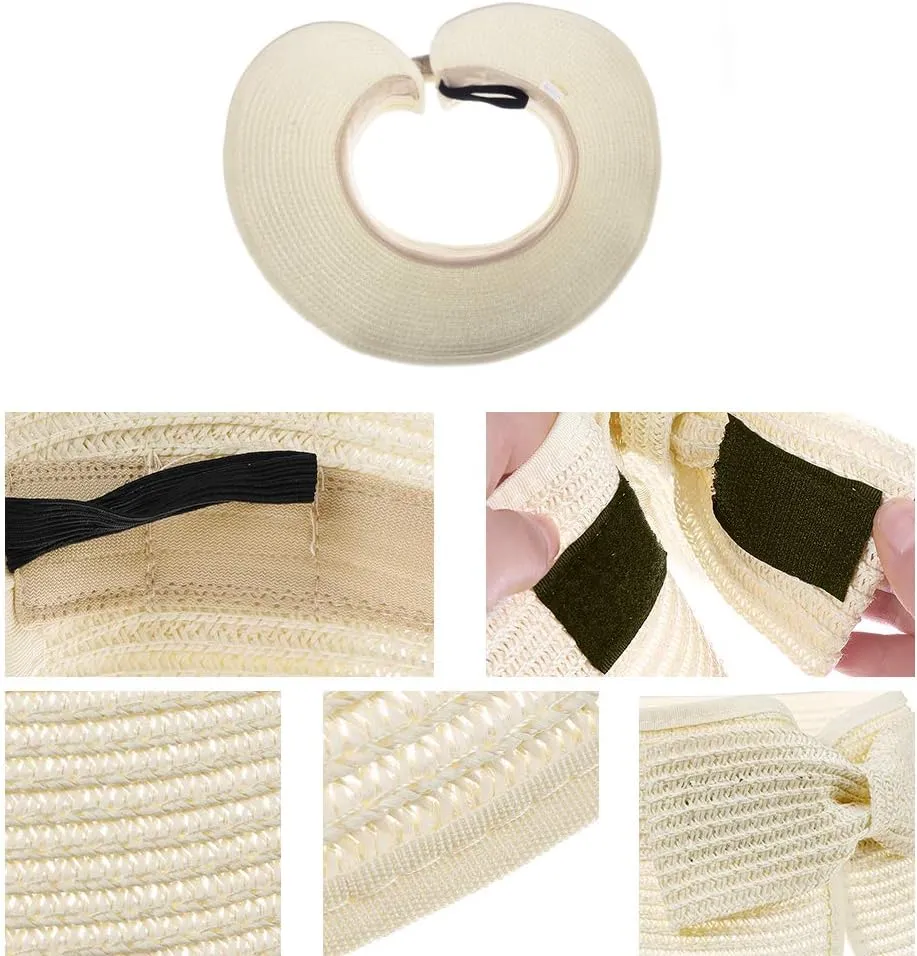 Kids Summer Roll Up Sun Visor Hat Wide Brim Straw Teens Beach Hat Cap Sun Hats with Bow for Girls