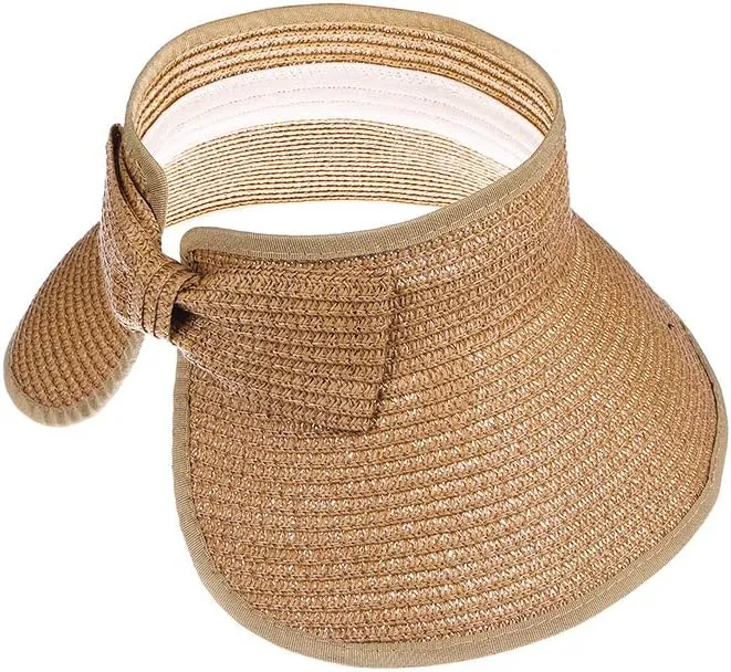Kids Summer Roll Up Sun Visor Hat Wide Brim Straw Teens Beach Hat Cap Sun Hats with Bow for Girls