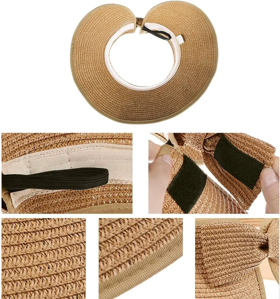 Kids Summer Roll Up Sun Visor Hat Wide Brim Straw Teens Beach Hat Cap Sun Hats with Bow for Girls
