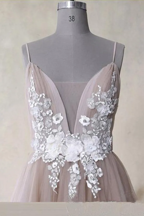 Straps Appliques Tulle A Line V Neck Long Prom Dress Dusty Rose  PSK058