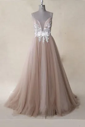 Straps Appliques Tulle A Line V Neck Long Prom Dress Dusty Rose  PSK058