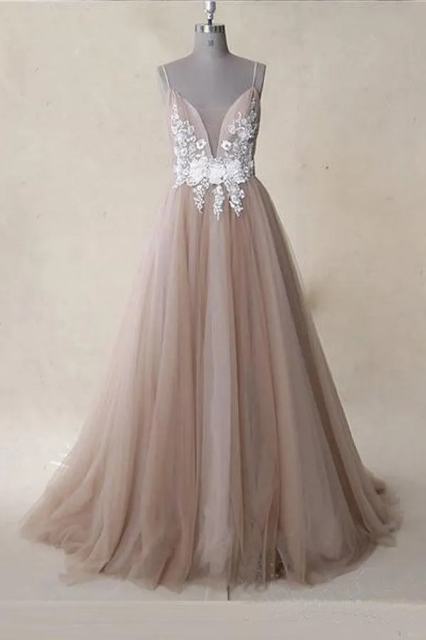 Straps Appliques Tulle A Line V Neck Long Prom Dress Dusty Rose  PSK058