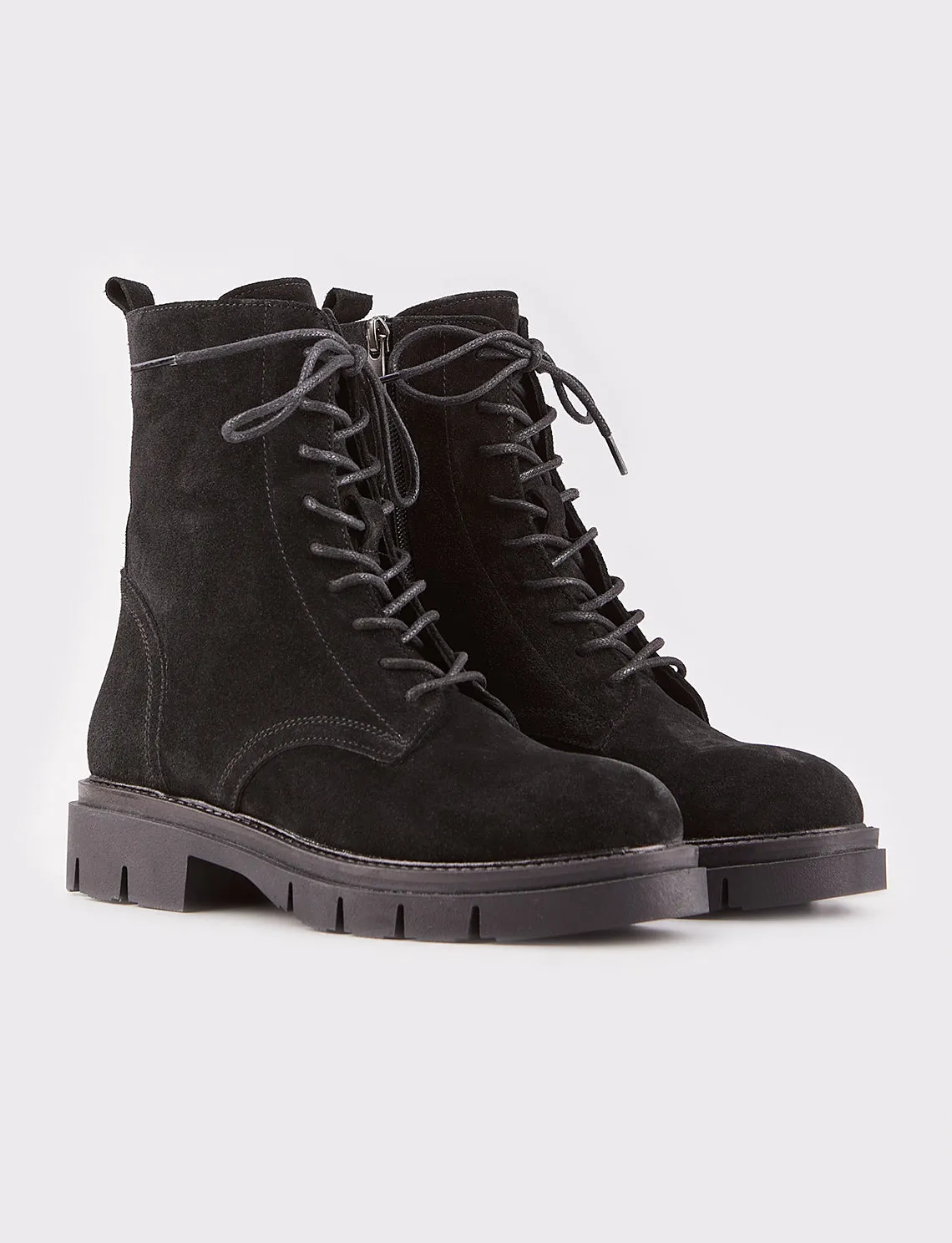 Women Black Suede Genuine Leather Combat Boots