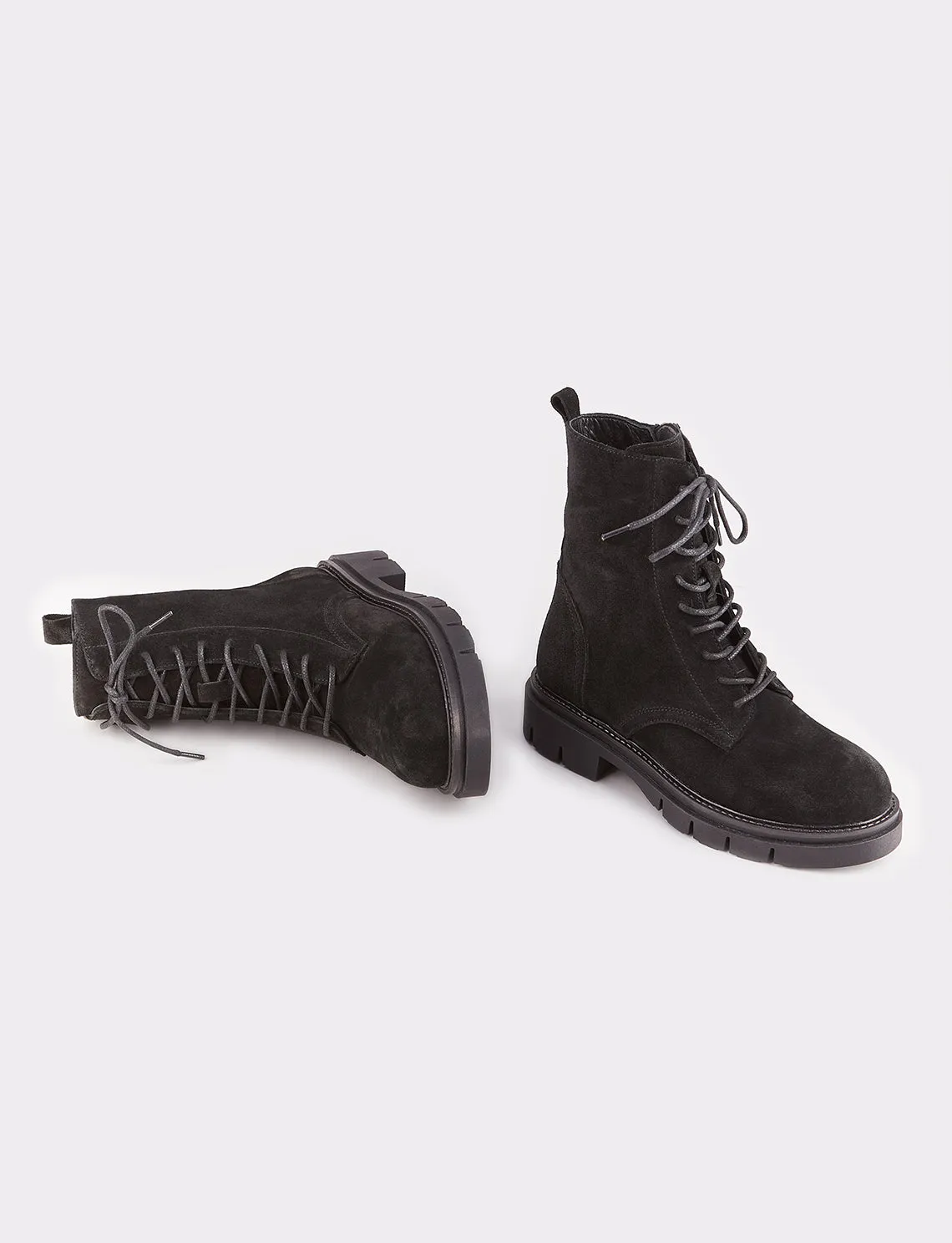 Women Black Suede Genuine Leather Combat Boots