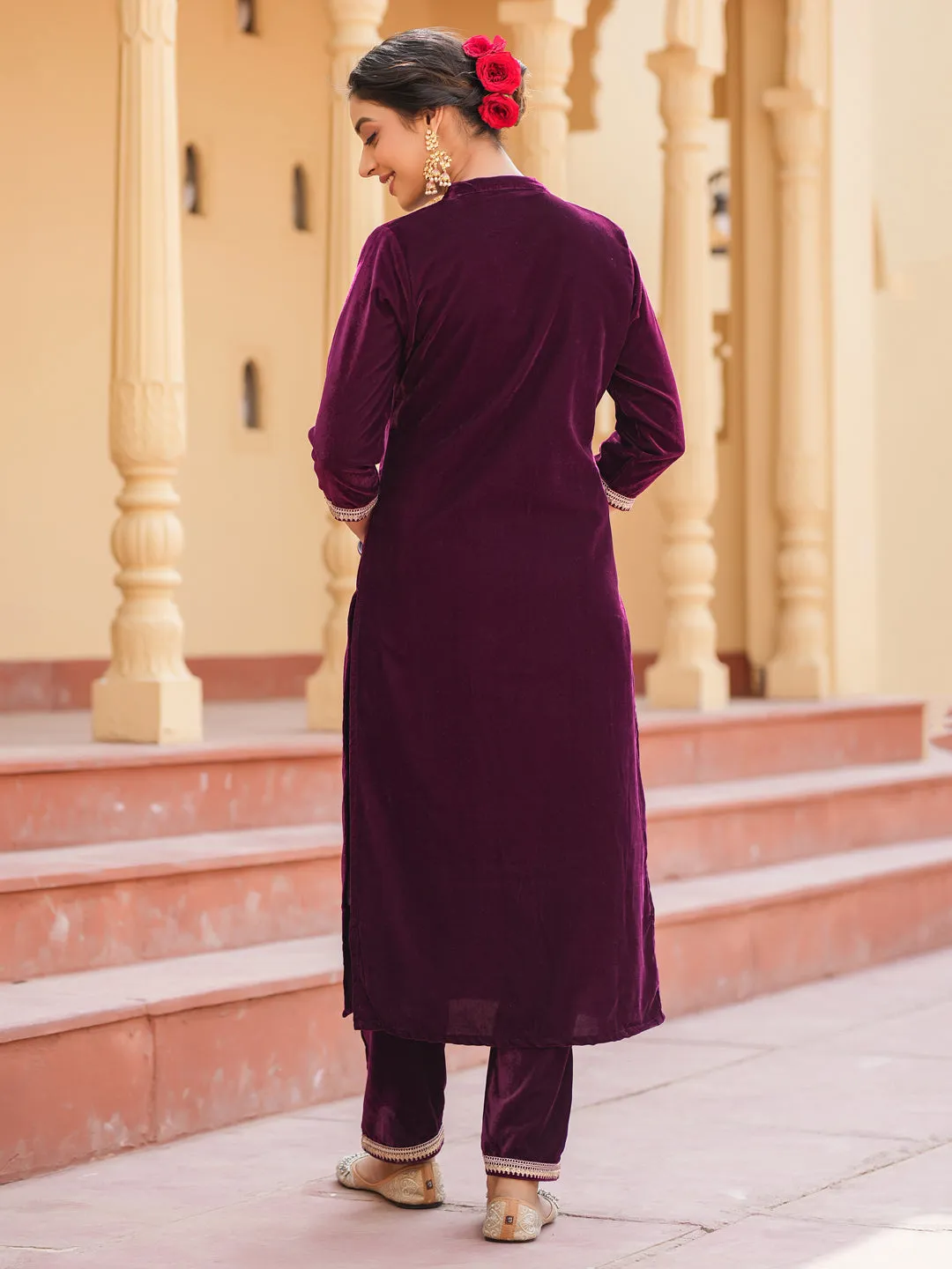 Women Women Purple Zari Work Velvet Straight Kurta Trouser Set