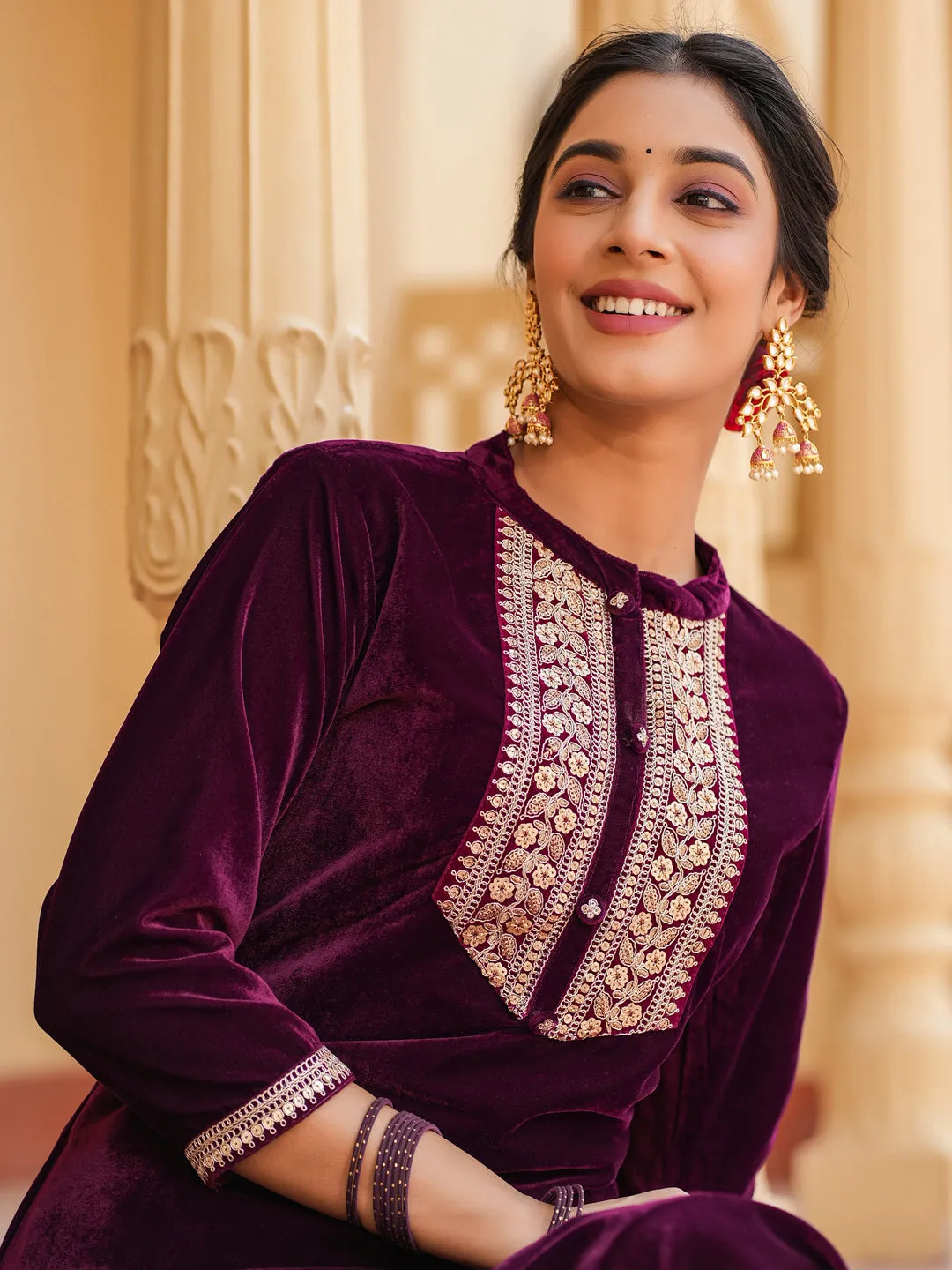 Women Women Purple Zari Work Velvet Straight Kurta Trouser Set