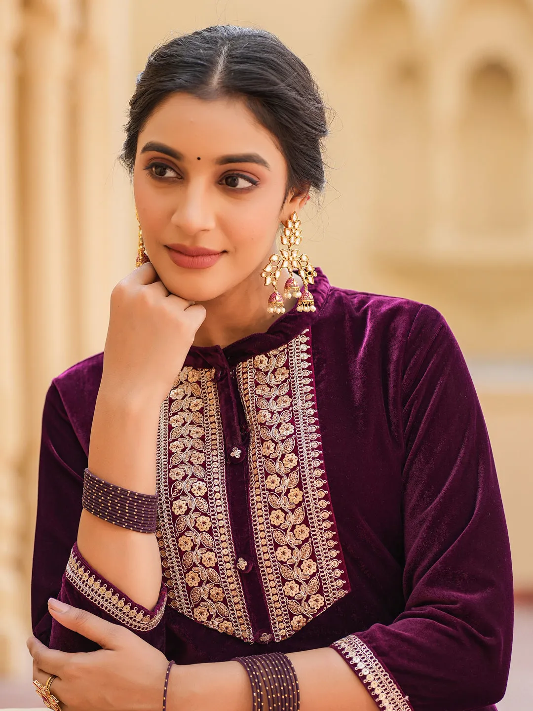 Women Women Purple Zari Work Velvet Straight Kurta Trouser Set
