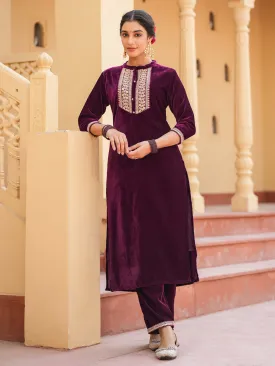 Women Women Purple Zari Work Velvet Straight Kurta Trouser Set